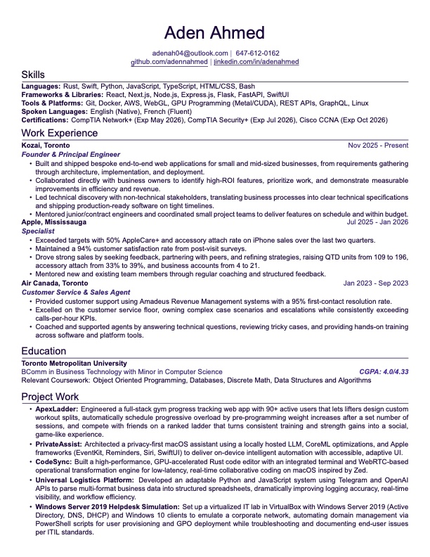 Aden's résumé, Founder and Principal Engineer